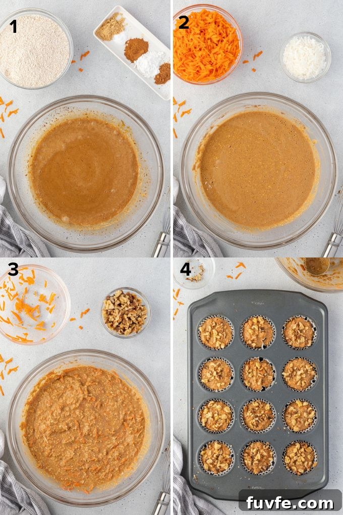 Photo collage showing how to make carrot muffins with oat flour.