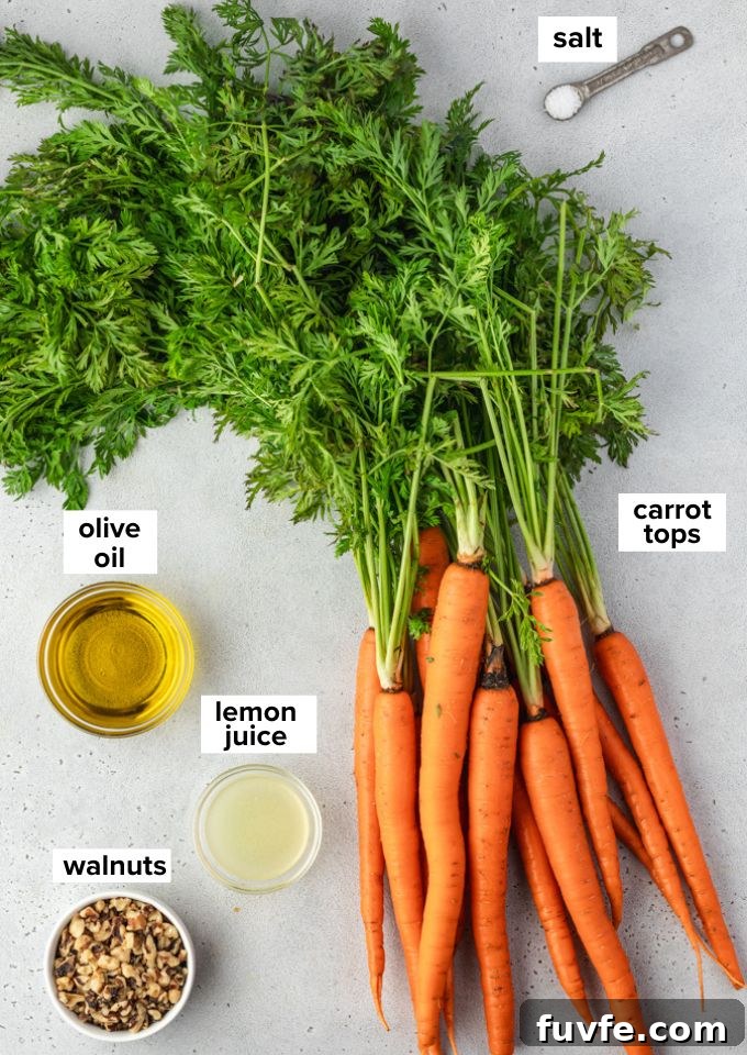 Carrot top pesto recipe ingredients.