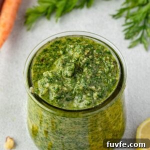 Fresh Carrot-Top Pesto Recipe with Lemon and Parmesan 8 Carrot top pesto in a jar