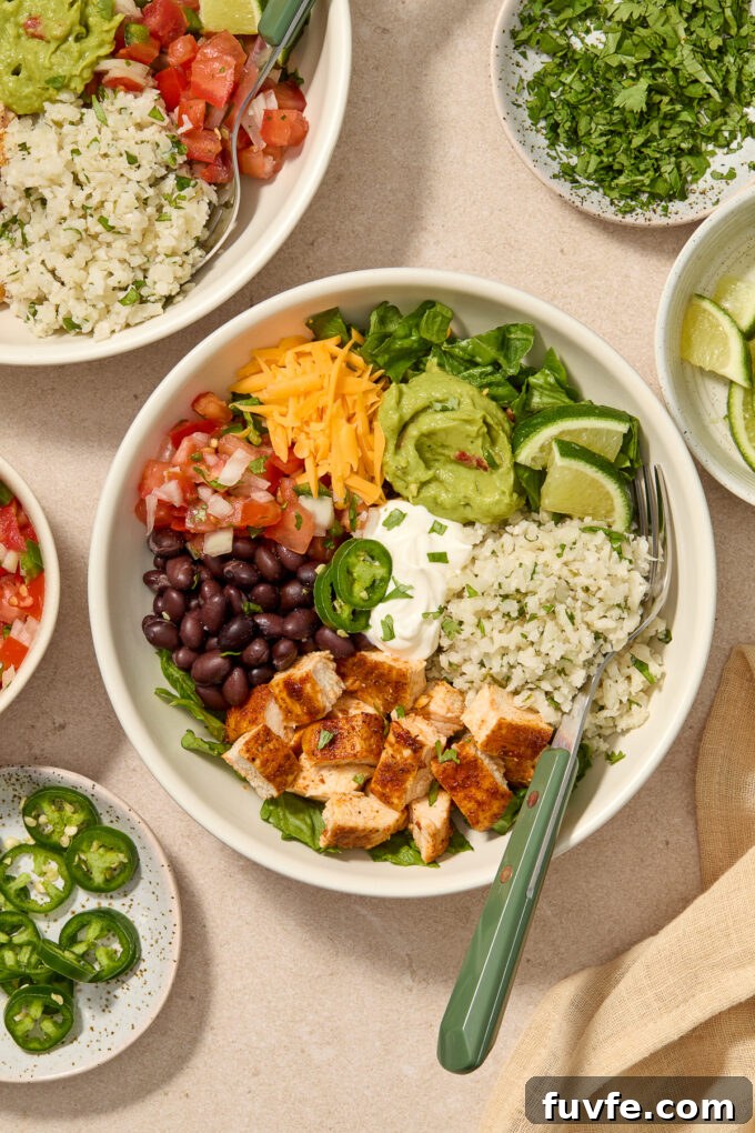 Chicken burrito bowls with cilantro lime cauliflower rice.