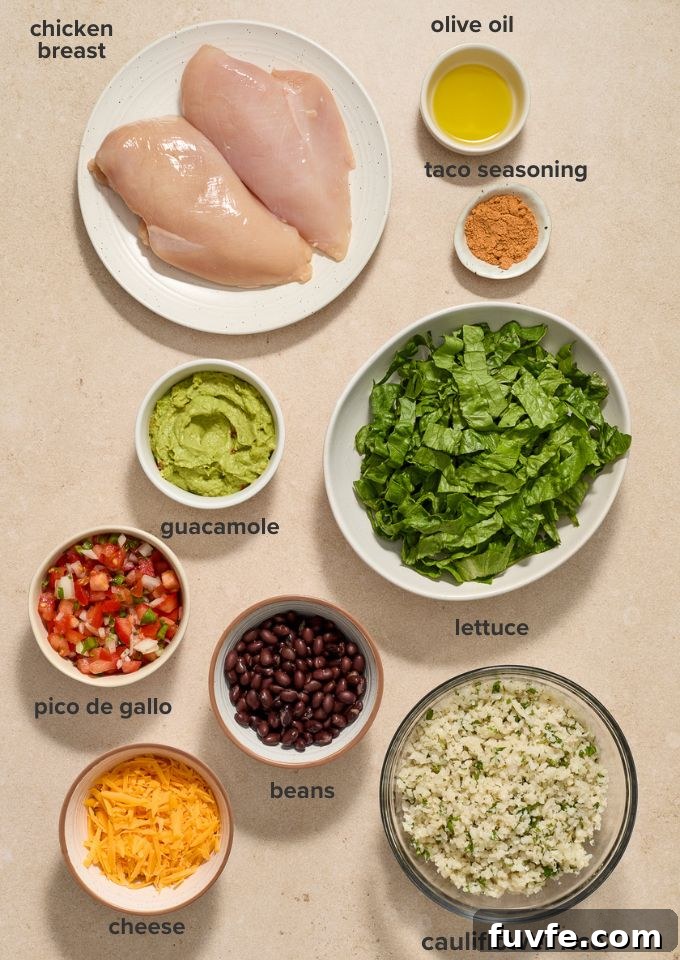 Chicken burrito bowls recipe ingredients.