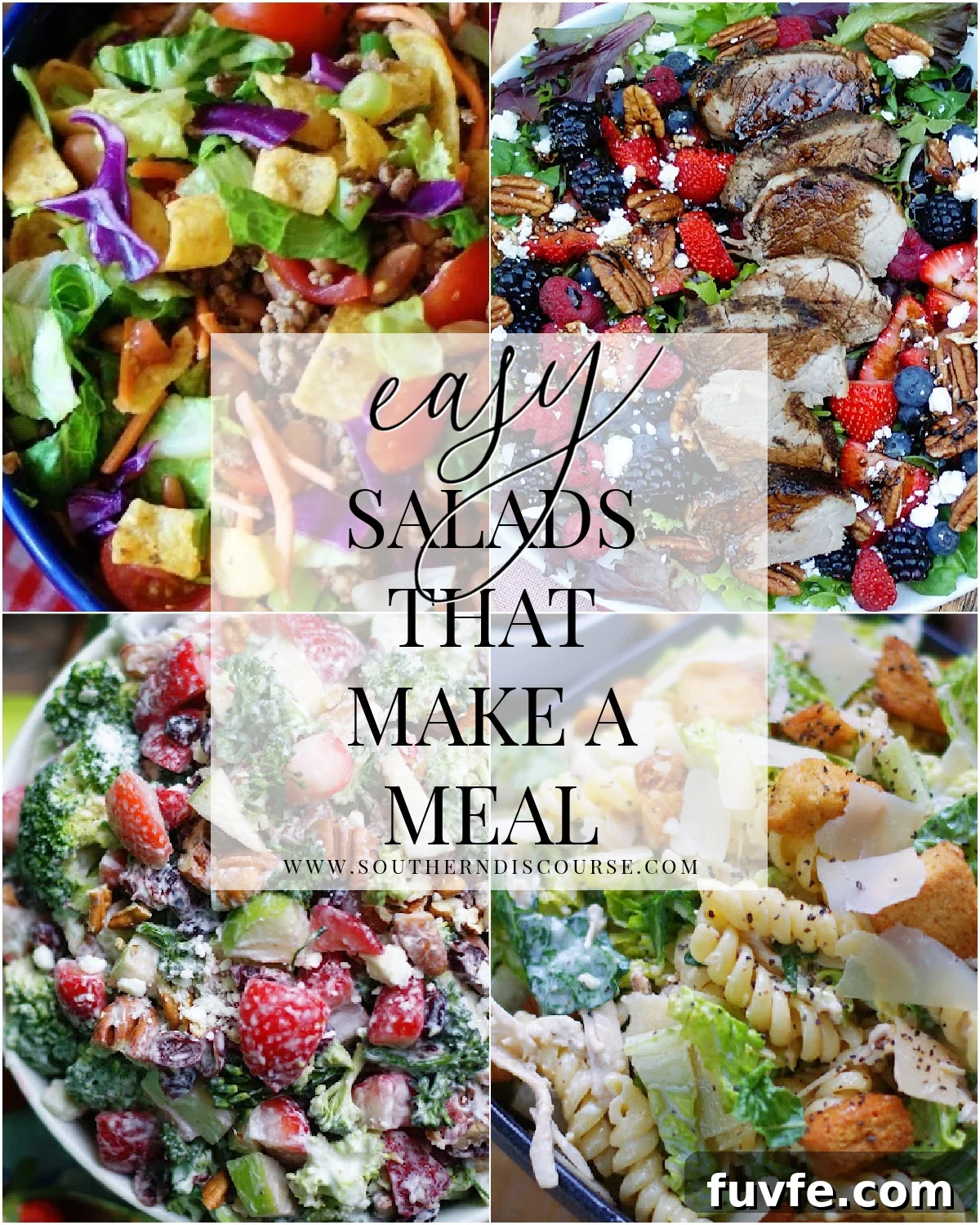 Simple salads that make satisfying meals for the whole family, including pasta salads, green salads, plus chicken and tuna salads.