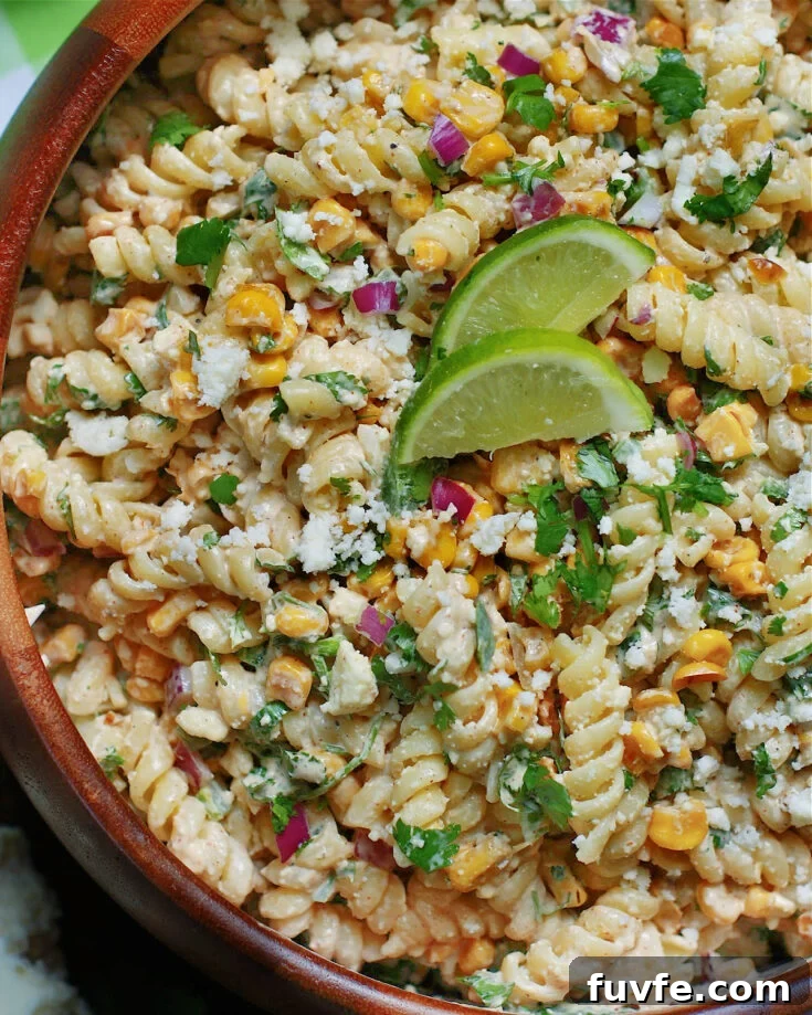 Mexican Street Corn Pasta with cool mayo & sour cream chile lime dressing