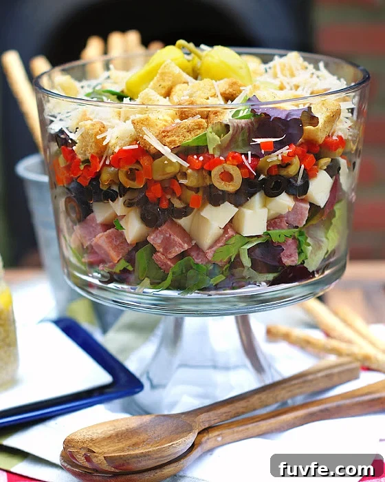 Layered Muffaletta Salad in a trifle dish