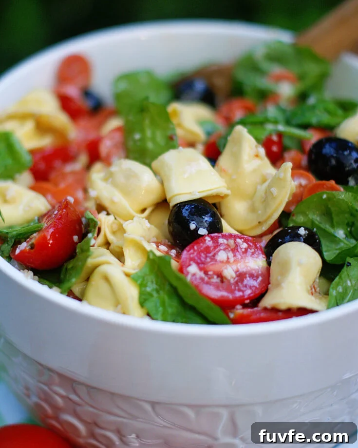 A close up of a bowl of tortellini pasta salad.