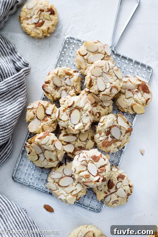 Greek Allmond Cookies piled on wire rack overhead shot