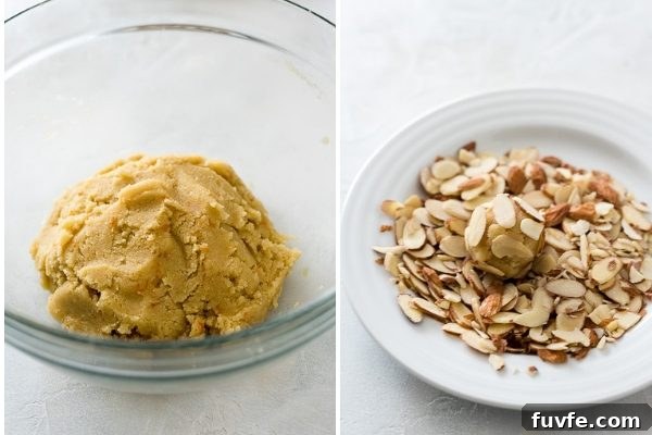 greek almond cookie process collage -- dough and dough ball in sliced almonds