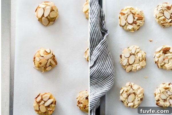 Greek almond cookies process collage on baking sheet before and after baking