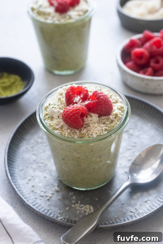 Matcha Overnight Oats Recipe: Creamy No-Cook Breakfast 8 Overnight oats with matcha green tea and coconut in jars.