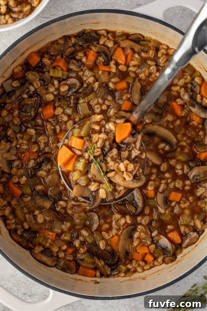 Mushroom barley soup in the pot