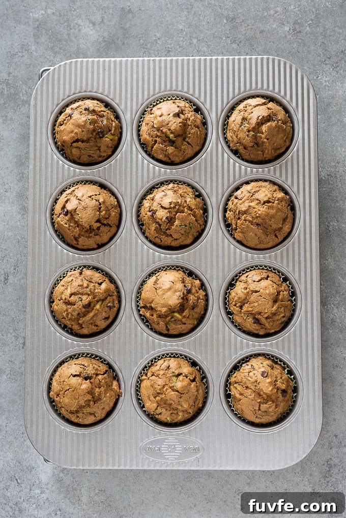 Oat Flour Zucchini Muffins Recipe - Moist and Fluffy 6 Oat flour zucchini muffins in muffin pan.