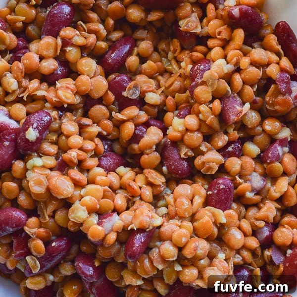 Rinsed cooked brown lentils and kidney beans