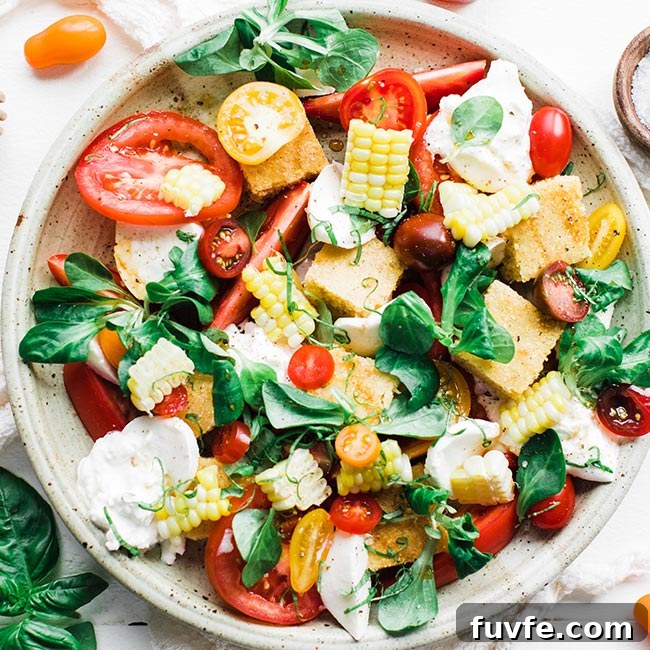 Overhead view of a plate of cornbread caprese salad.