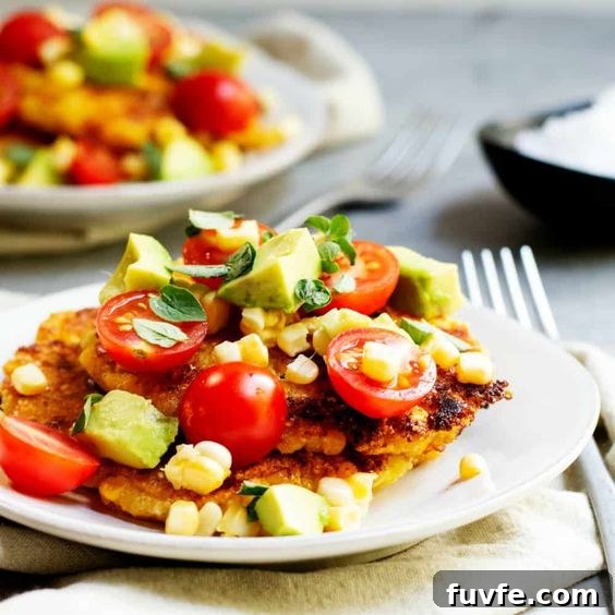 A corn cake topped with tomatoes, avocado and fresh corn.