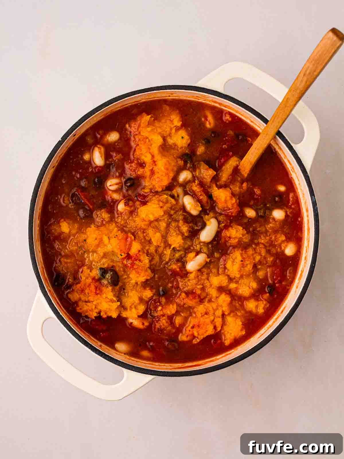 A vegan chilli with smashed butternut squash in.