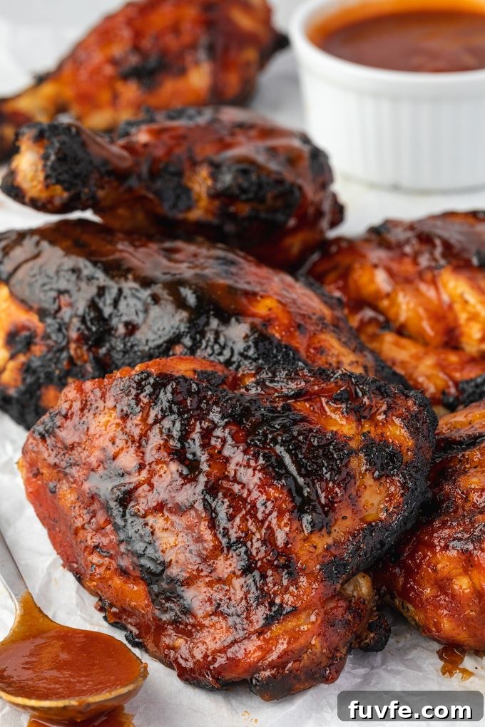 Juicy Smoky Grilled BBQ Chicken Recipe 6 Grilled barbecue chicken on a platter with sauce