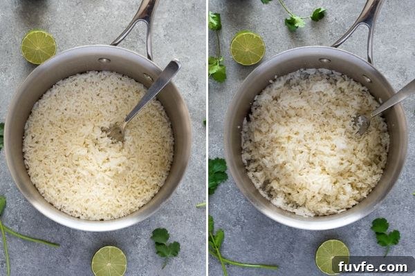 cilantro lime rice before and after fluffing