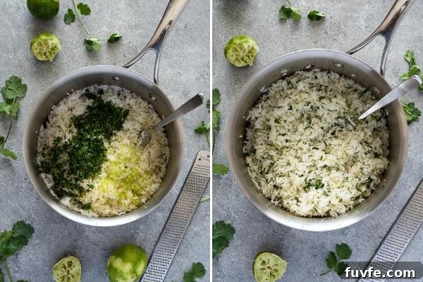 cilantro lime rice before and after mixing in the cilantro and lime