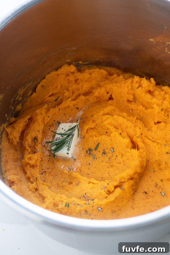 Instant pot mashed sweet potatoes with butter and rosemary