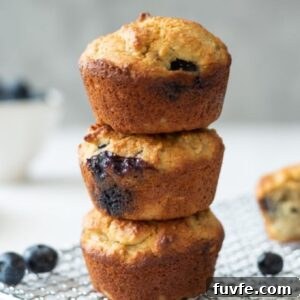 Healthy banana blueberry muffins in a stack