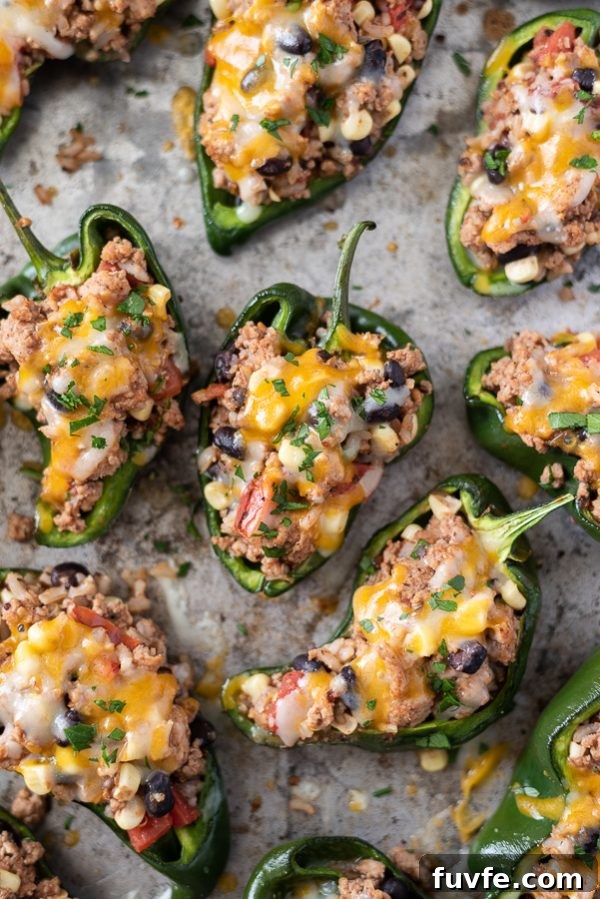 close up shot of stuffed poblano peppers with melted cheese on top