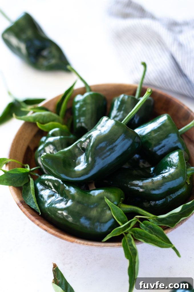 Poblano peppers in a bowl with green leaves attached
