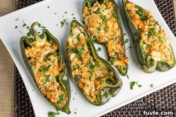 25 Poblano Pepper Recipes with Roasting and Storage Tips 27 Overhead view of four Cajun shrump stuffed poblanos.