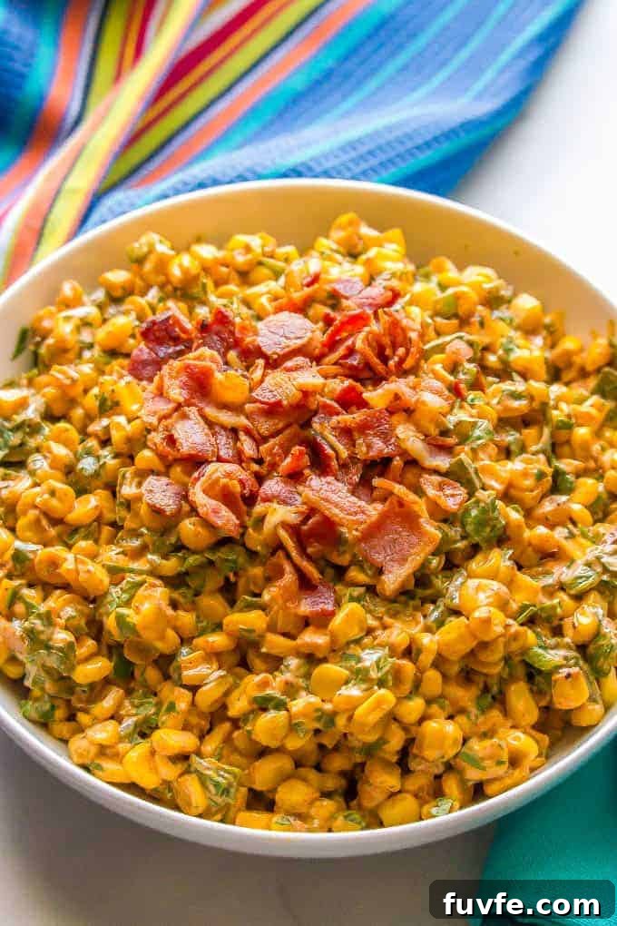 25 Poblano Pepper Recipes with Roasting and Storage Tips 28 A large bowl of summer corn salad garnished with crumbled bacon.
