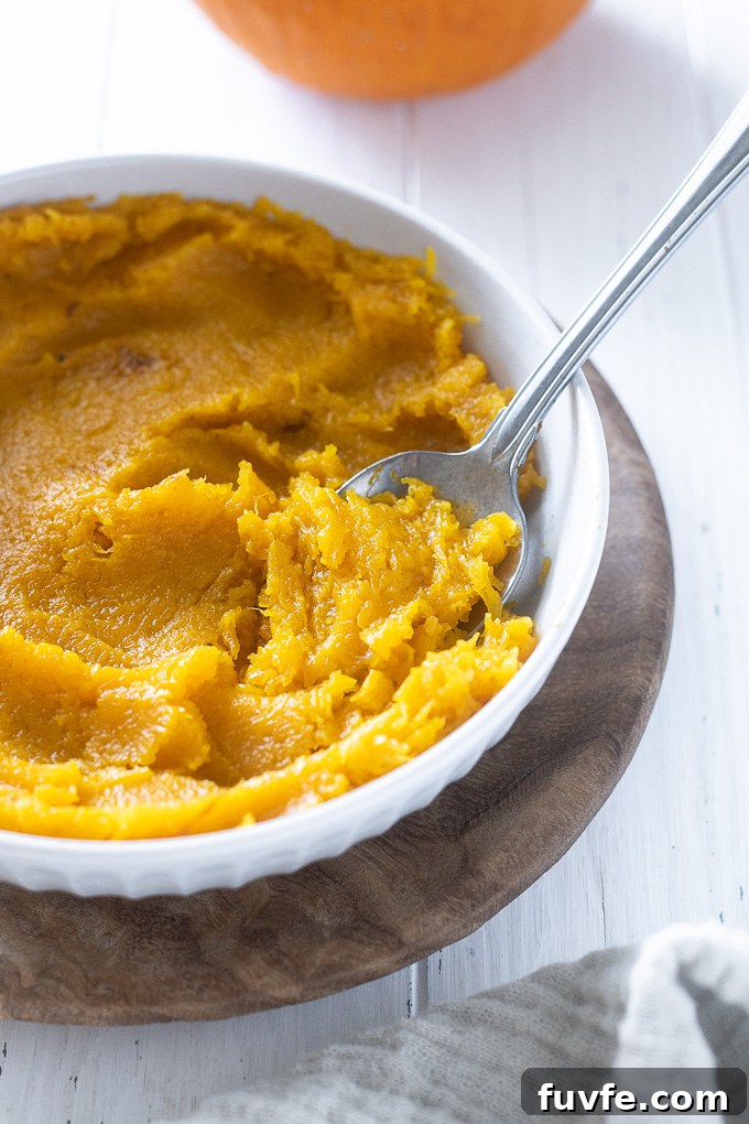 Spoonful of pumpkin purée in a bowl