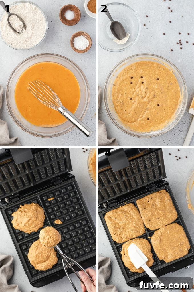 Photo collage showing how to make pumpkin waffles