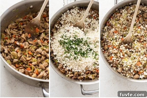 Low-Carb Cauliflower Rice Stuffing Recipe 5 low carb riced cauliflower stuffing process collage