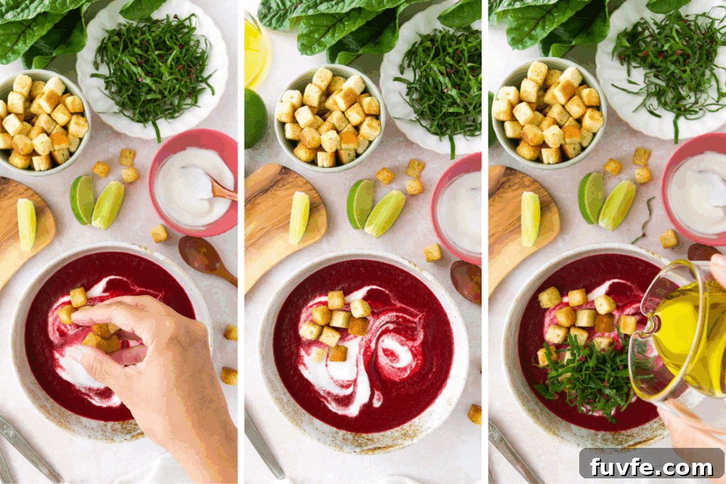 Three-step process showing how to serve cold beet soup: adding Greek yogurt and swirling it, topping with croutons, then drizzling with olive oil and adding beet greens