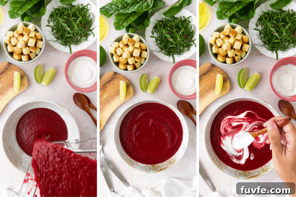Three-step process showing how to make cold beet soup: pouring blended beet mixture into a bowl, the smooth finished soup, and swirling in Greek yogurt