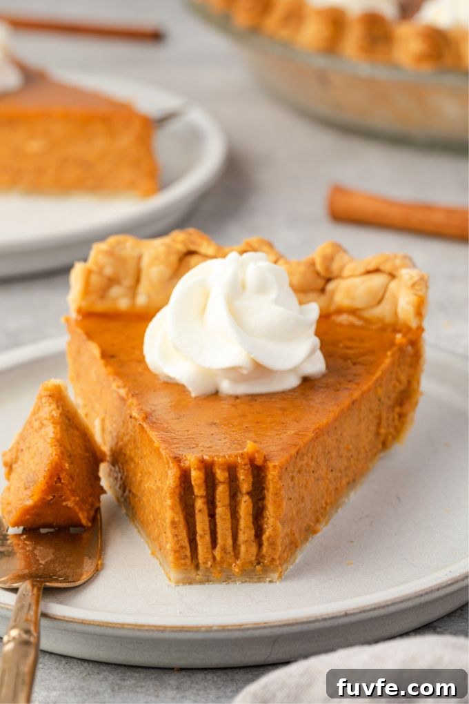 Slice of pumpkin pie from scratch with a bite take out