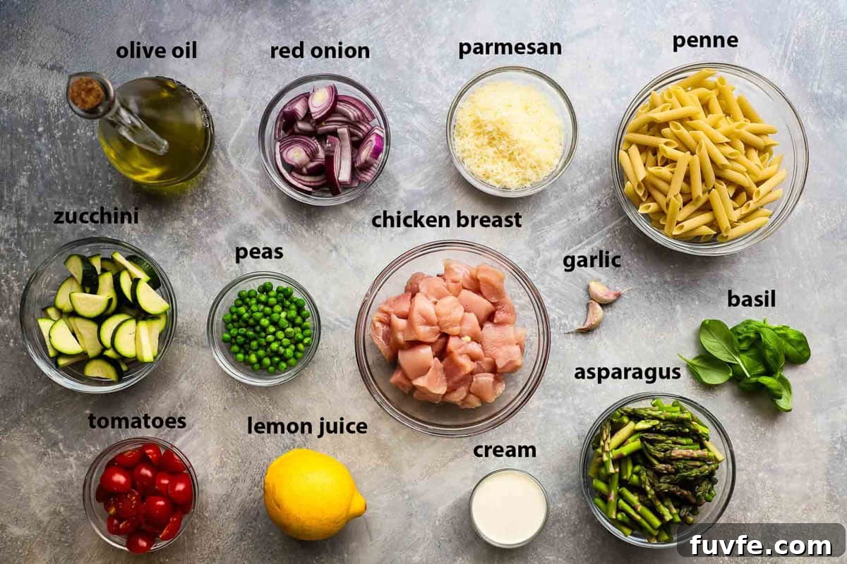 Creamy Chicken Pasta Primavera with Spring Vegetables 4 ingredients used to make chicken pasta primavera
