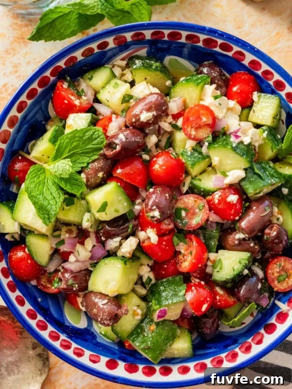 Mediterranean cucumber salad in a serving bowl.