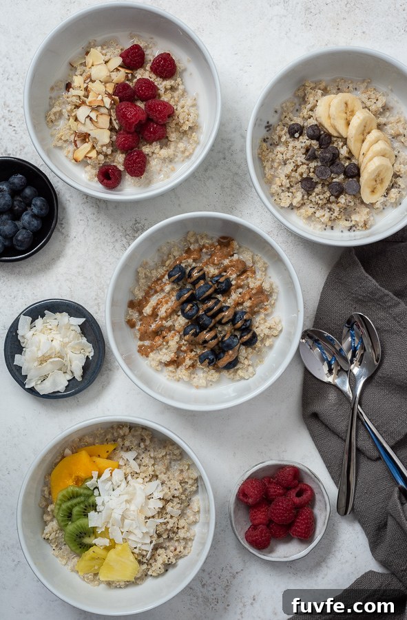 distant overhead shot of quinoa oatmeal breakfast bowls