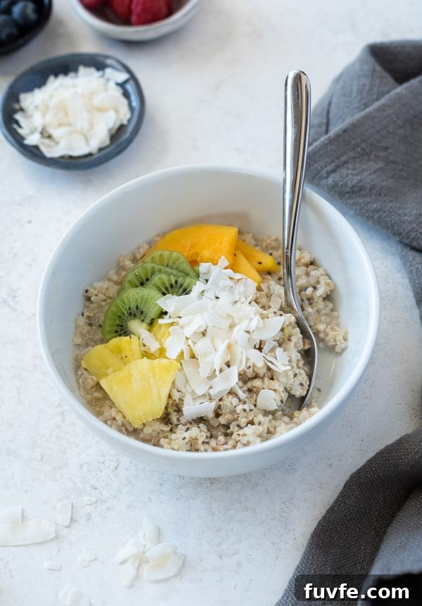 close up tropical quinoa oatmeal breakfast bowls