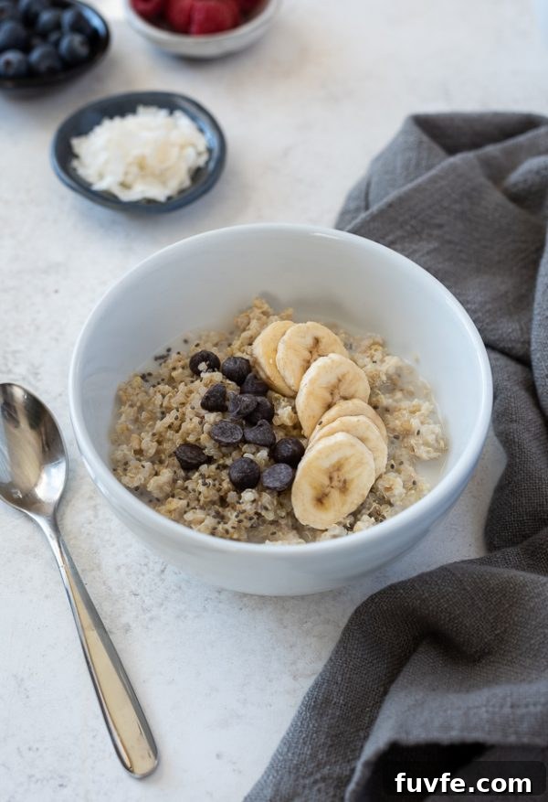 front shot of banana chocolate chip quinoa oatmeal breakfast bowls