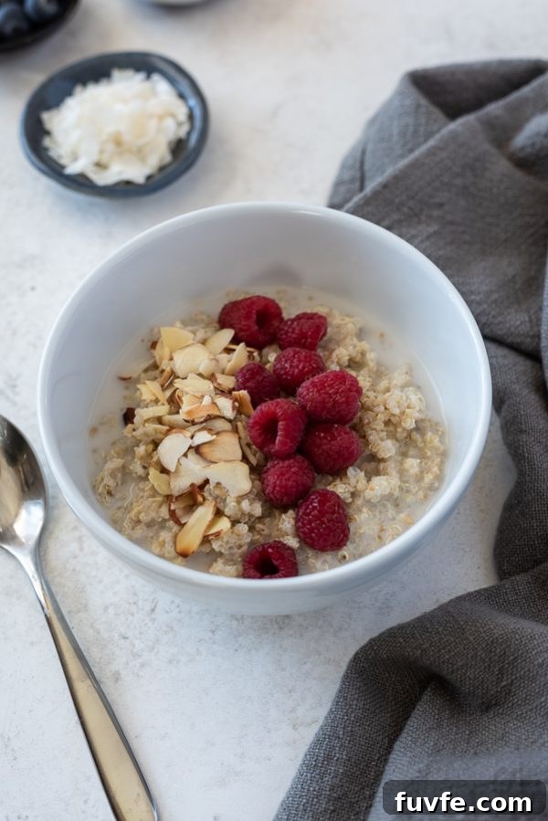 close up vanilla almond raspberry quinoa breakfast bowls