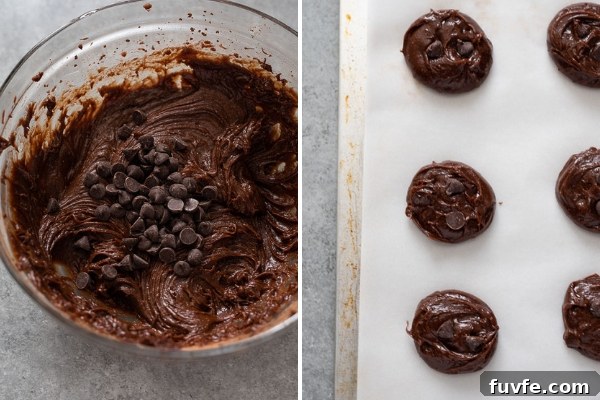 collage of chocolate peanut butter cookie batter and cookie dough on baking sheet before baking