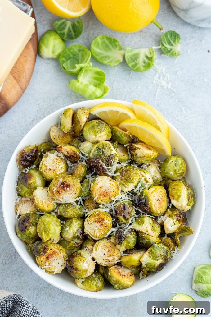 How to Make Crispy Air Fryer Brussels Sprouts 3 Air fryer brussels sprouts with parmesan in a serving bowl