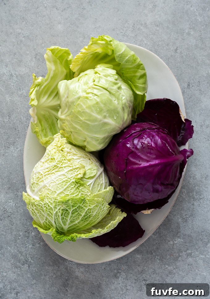 Varieties of cabbage on a platter including savoy, red and green cabbage.