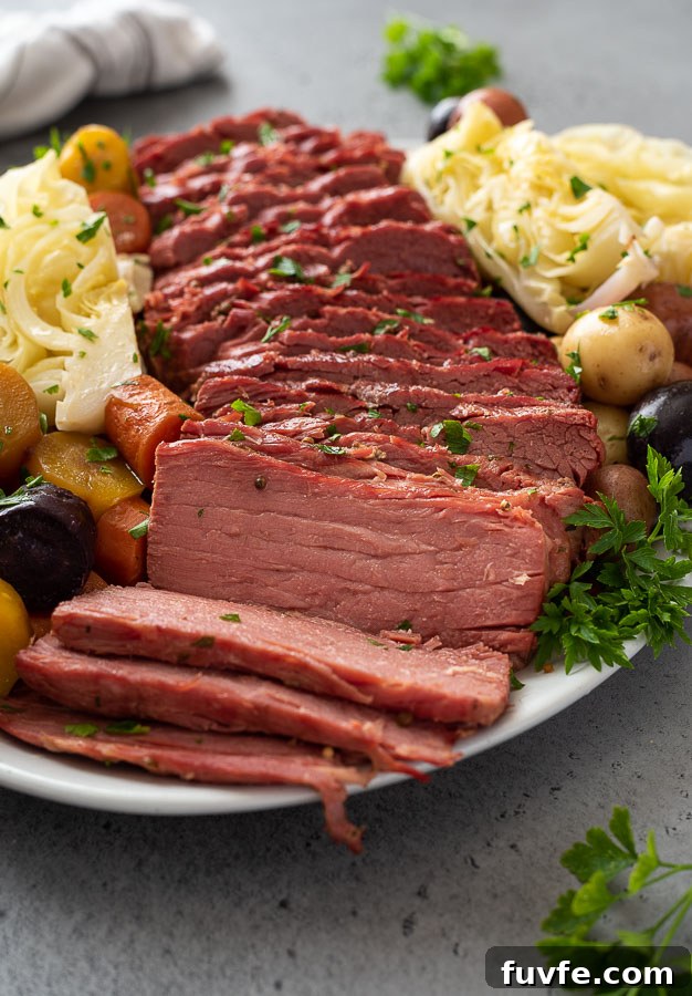 Corned beef and cabbage with veggies on a platter.