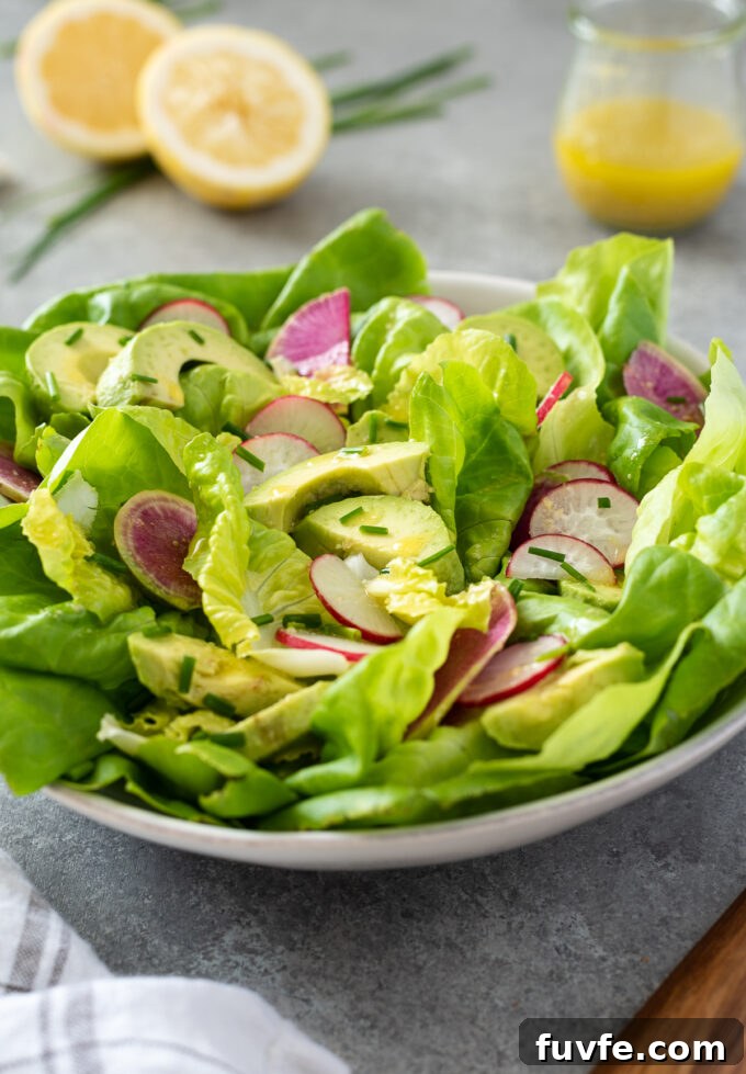 Butter Lettuce and Avocado Salad Recipe with Creamy Dressing 5 Easy butter lettuce salad in a serving bowl with lemon vinaigrette.