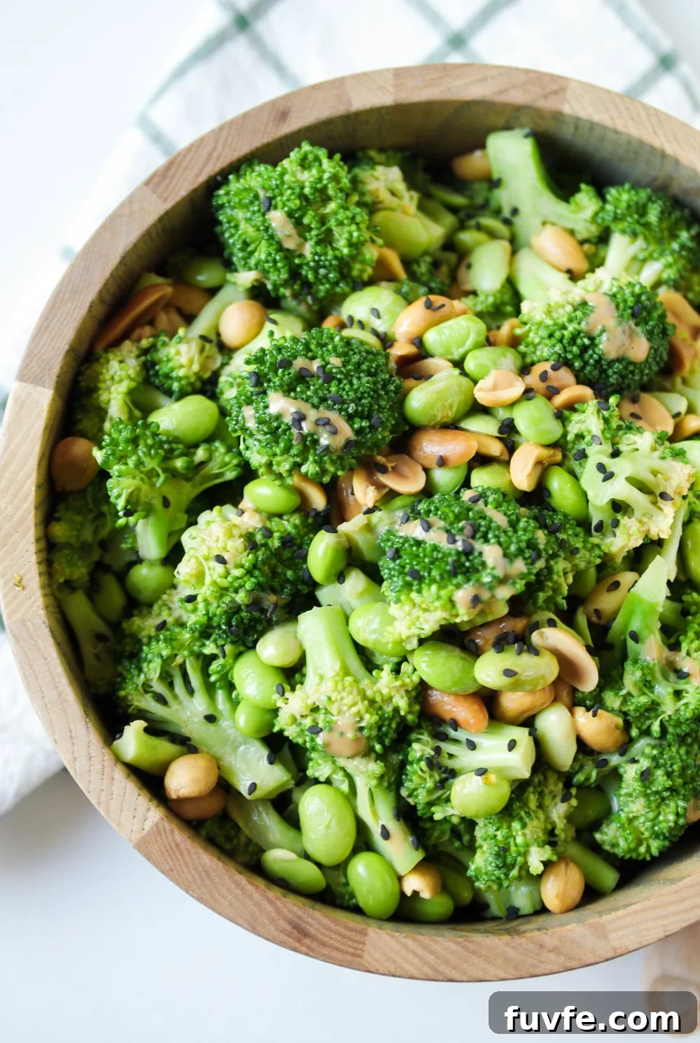 Fresh bright broccoli, protein-packed edamame, crunchy peanuts in Asian Broccoli Salad