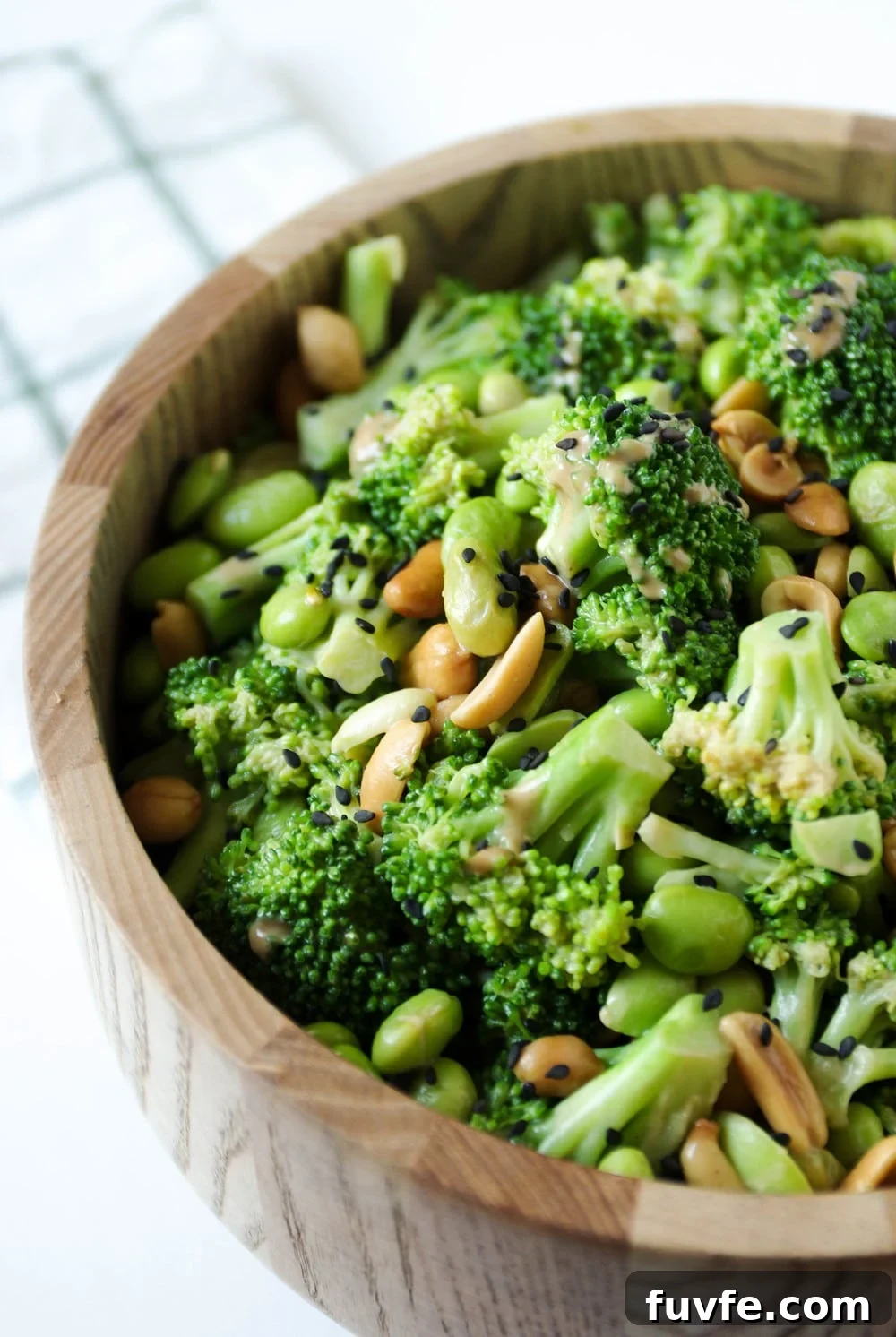 Asian Broccoli Salad in a wooden bowl