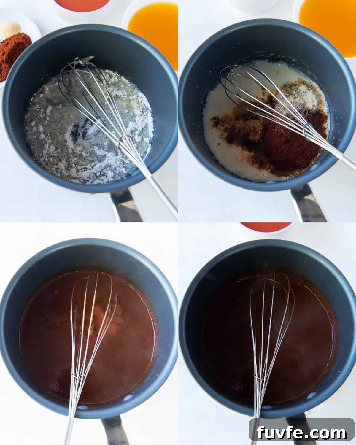 Four process shots of making enchilada sauce in a blue saucepan
