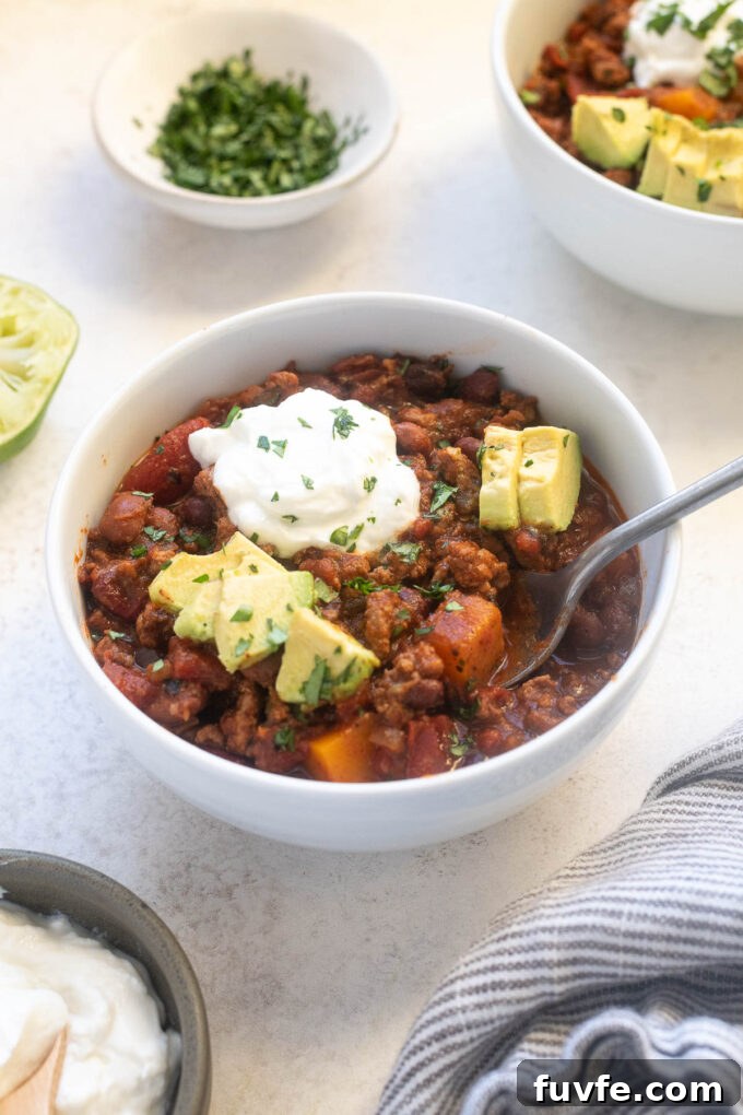Hearty Butternut Squash and Turkey Chili 2 Turkey and butternut squash chili in a bowl.