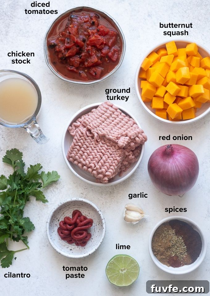 Hearty Butternut Squash and Turkey Chili 4 Turkey butternut squash chili ingredients.